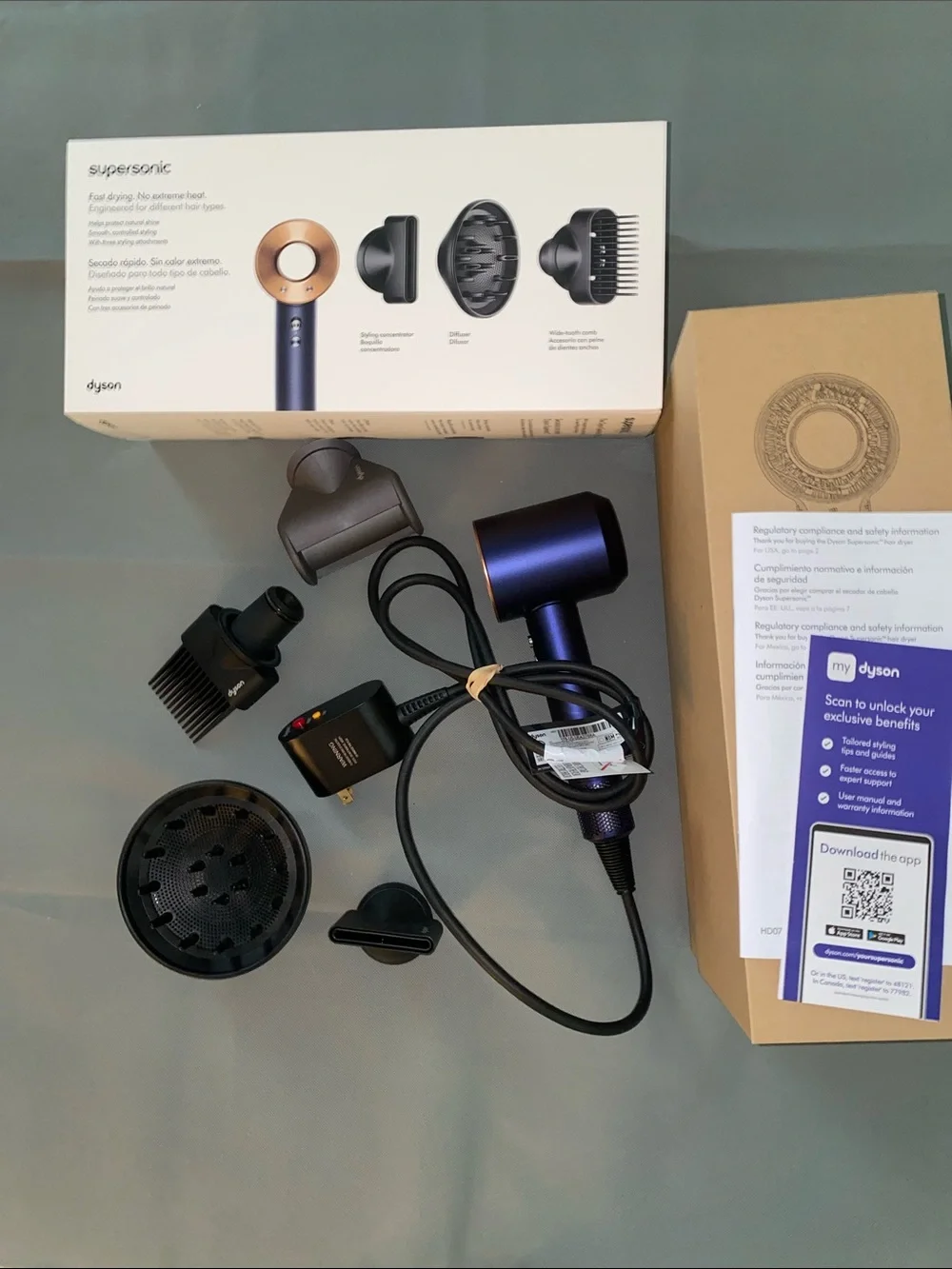 Dyson Supersonic Hairdryer HD07 Prussian Blue / Rich Copper 4 Attachments New